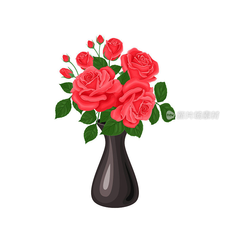 Red roses in black vase isolated on a white background. Vector illustration of beautiful flowers in cartoon flat style.